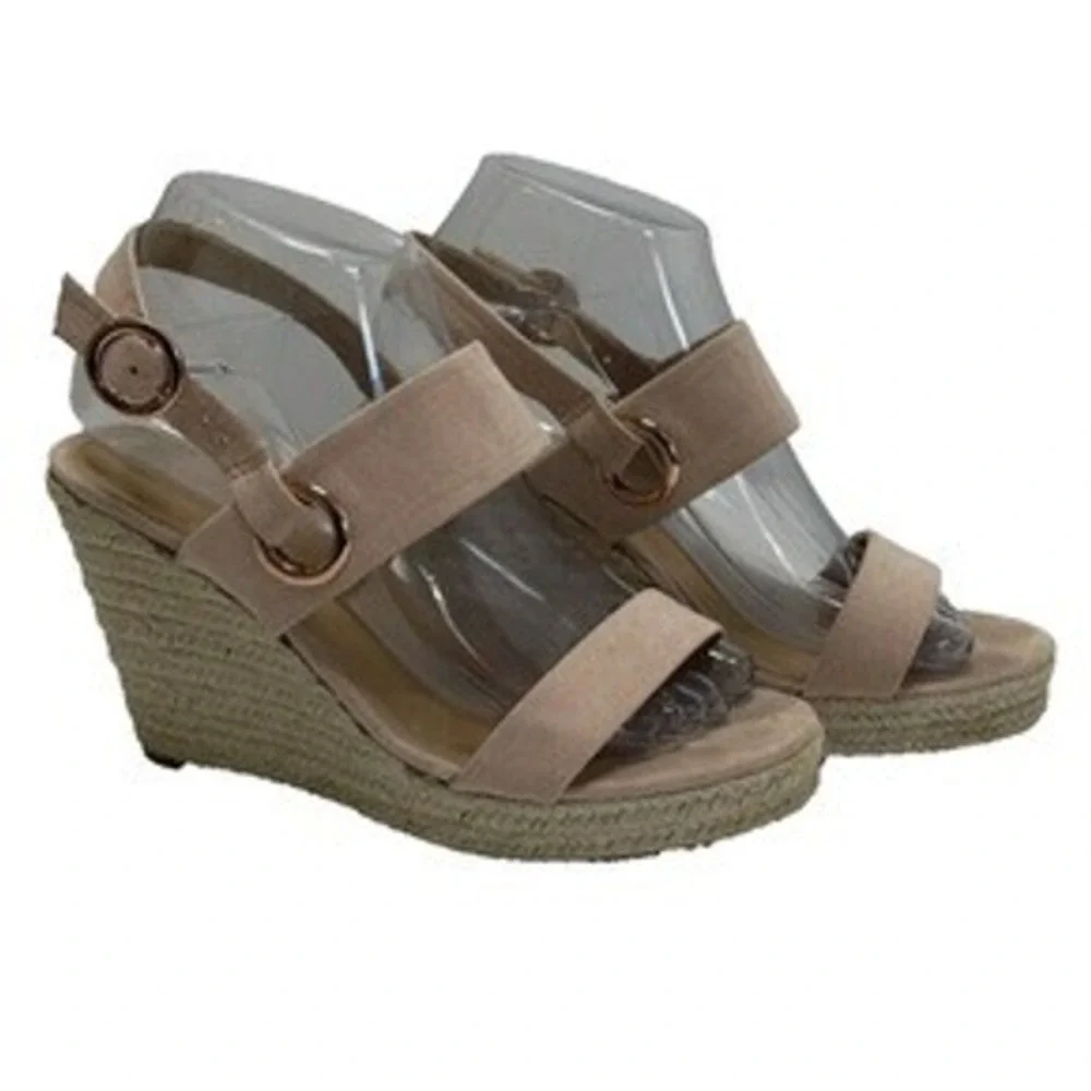 Open Toe Heal Sandals Shoes Beige Pink Espadrille Wedge Strap 7.5 Summer Wedding